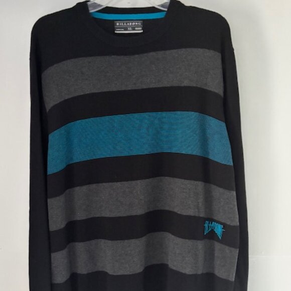 Billabong Mens XL Crew Neck Pullover Sweater Black Blue Gray Striped Logo - Picture 1 of 5